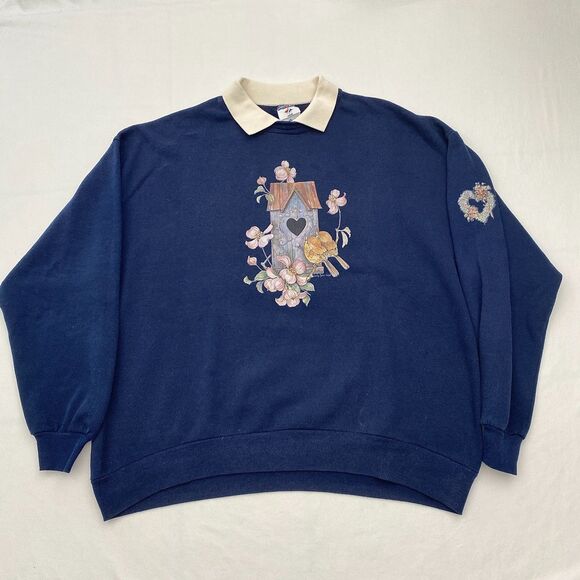 VTG Jerzees Bird Sweatshirt Birdhouse Collared Grandmacore 90s Blue Womens 2X - Picture 2 of 9